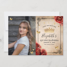 Reserva La Fecha Elegante Rosa Roja Negra y Dorada Foto Quinceañera
