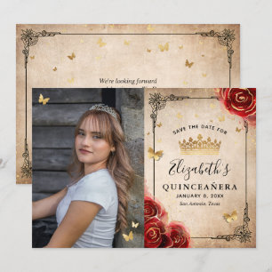 Reserva La Fecha Elegante Rosa Roja Negra y Dorada Foto Quinceañera