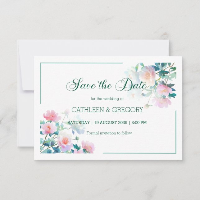Reserva La Fecha Elegante Rosa y Verde Acuarela Boda  (Anverso)