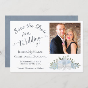 Reserva La Fecha Elegante Rosas azul turbio caligrafía Boda de foto