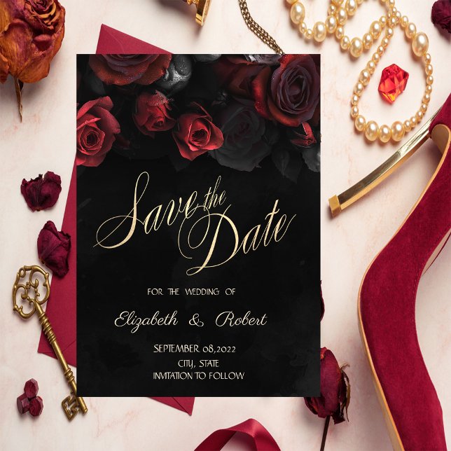 Reserva La Fecha Elegante Roses Rojos Negro Gótico Salva La Fecha (Subido por el creador)