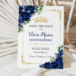 Reserva La Fecha Elegante Royal Blue Flowers Gold Quinceañera 16