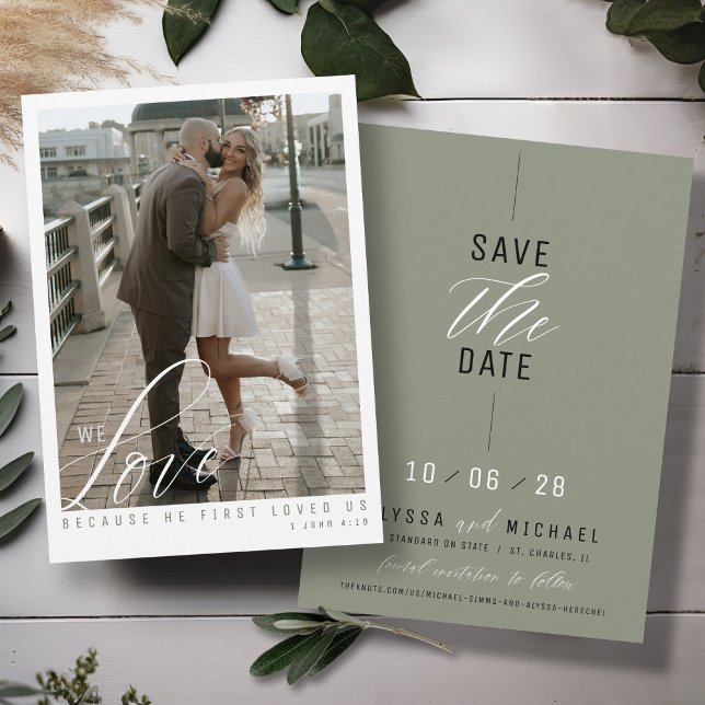 Reserva La Fecha Elegante Sage Green Photo Christian Boda (Love scripture elegant photo simple sage green black white modern Christian wedding save the date)