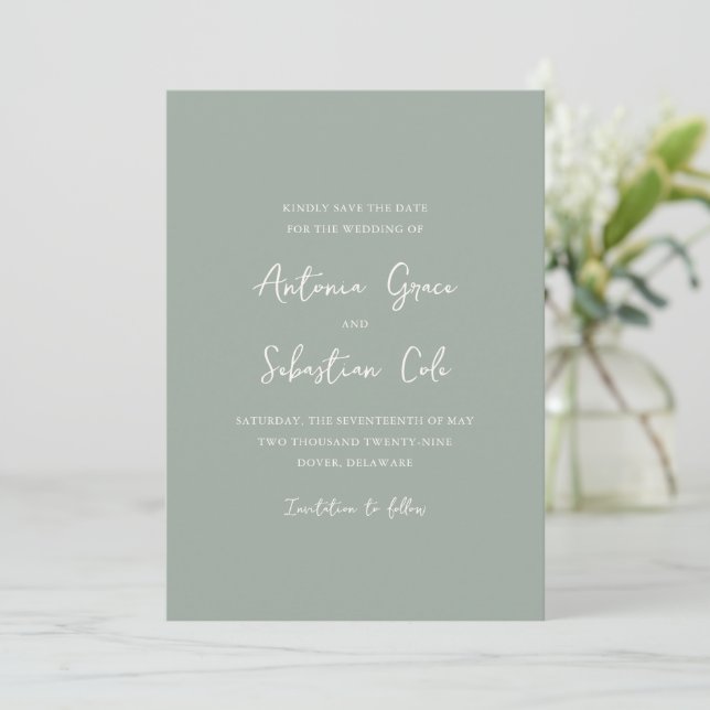 Reserva La Fecha Elegante Sage Green Photo Moderno Boda (Anverso de pie)