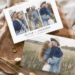 Reserva La Fecha Elegante salva la foto de 4 con letras blancas<br><div class="desc">Foto moderna y elegante Guardar la tarjeta de Boda de fecha. La tarjeta de invitación para guardar la fecha incluye tipografía y moda blancas y un diseño sencillo en un fondo blanco al que se puede añadir la imagen personalizada de la fotografía de compromiso.</div>