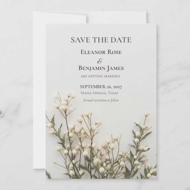 Reserva La Fecha Elegante Save the Date Botánico Marfil (Anverso)