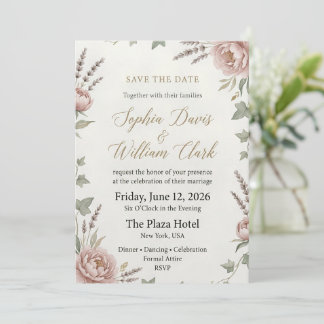 Reserva La Fecha Elegante Save the Date de Boda con Peonía Rosada