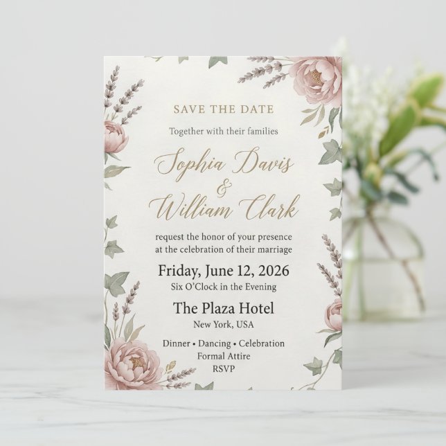 Reserva La Fecha Elegante Save the Date de Boda con Peonía Rosada (Anverso de pie)