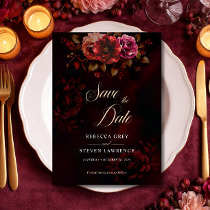 Reserva La Fecha Elegante Save the Date de Boda Floral Rojo Negro M