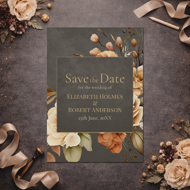 Reserva La Fecha Elegante Save the Date Floral Beige (Elegant Taupe Floral Save the Date on a dark table with flowers)