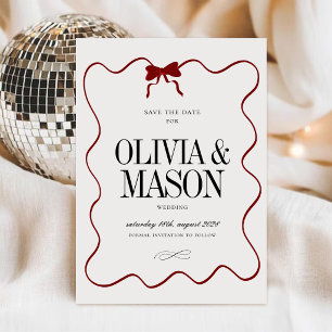 Reserva La Fecha Elegante Script   Boda Burgundy Marfil con Lazo Ro