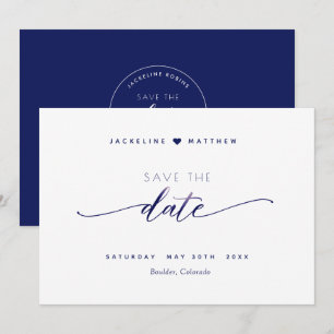 Reserva La Fecha Elegante script, Boda simple azul de la marina