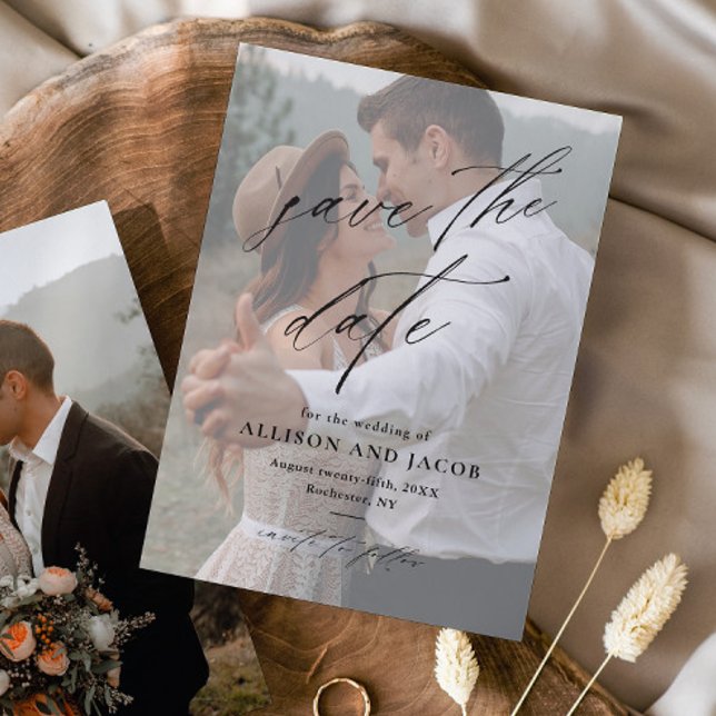 Reserva La Fecha Elegante Script Photo Wedding Guardar la fecha (Elegant handwritten script wedding photo save the date.)