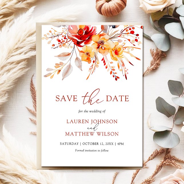 Reserva La Fecha Elegante Simple Acuarela Floral Boda de Caída (Elegant floral fall wedding save the date card with bold watercolor flowers, leaves and berries.)