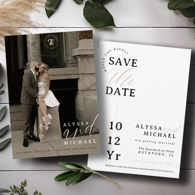 Reserva La Fecha Elegante Simple Moderno Blanco Script Foto Boda (Elegant modern photo typography script simple wedding save the date, black and white, champagne tan)