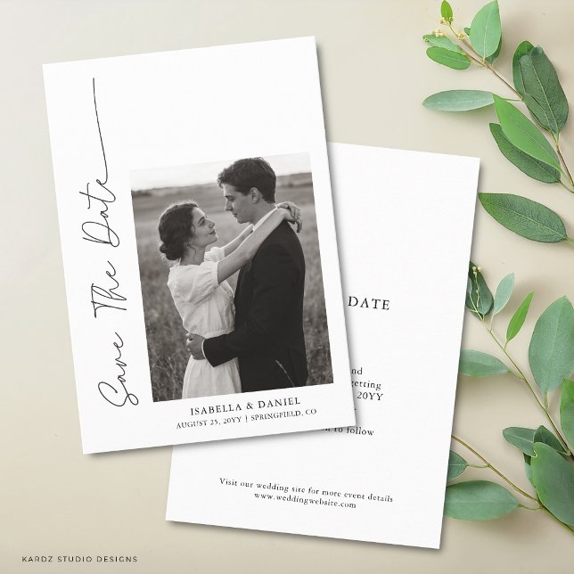 Reserva La Fecha Elegante Simple Script Foto Boda (Front and back of card are shown in 3.5 x 5 inches. Choose size, paper and corner style.)