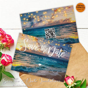 Reserva La Fecha Elegante String Luces QR Código Sunset Beach Weddi