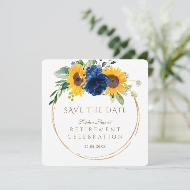 Reserva La Fecha Elegante Sunflowers Blue Floral Gold Retirement (Anverso de pie)