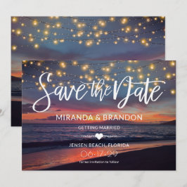 Reserva La Fecha Elegante Sunset Beach String Luces Boda de verano