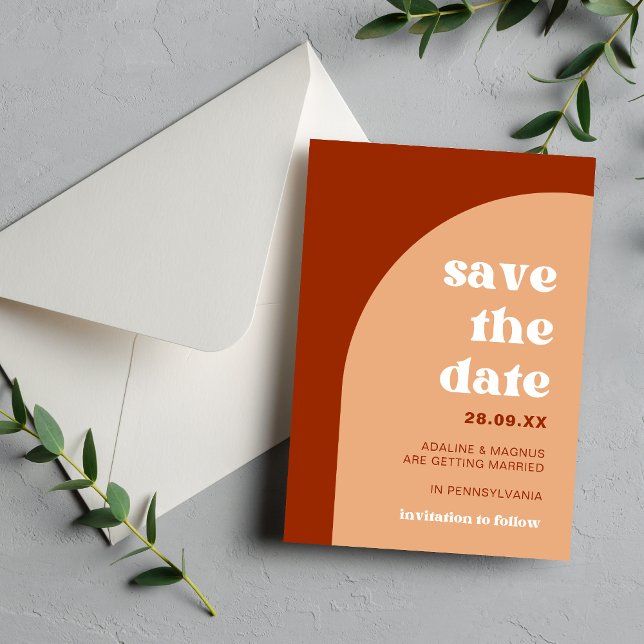 Reserva La Fecha Elegante Terracota de Melocotón Arco Boho Boda Chi (Elegant chic peach terracotta arch save the date shares your date with warm boho charm.)