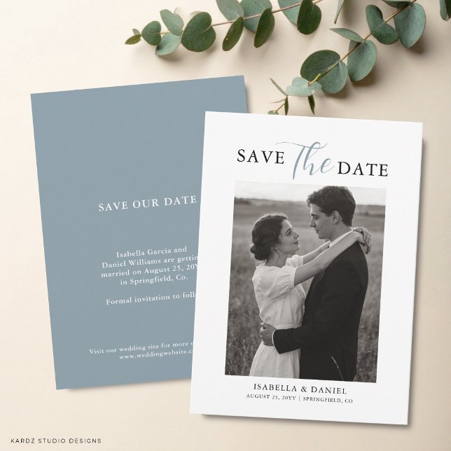 Reserva La Fecha Elegante Texto Simple Foto Boda (The front and back are shown in a 4.5 x 6.25-inch. Choose size, paper, + corner style.)