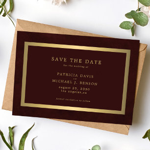Reserva La Fecha Elegante tipografía simple de boda en oro y burdeo