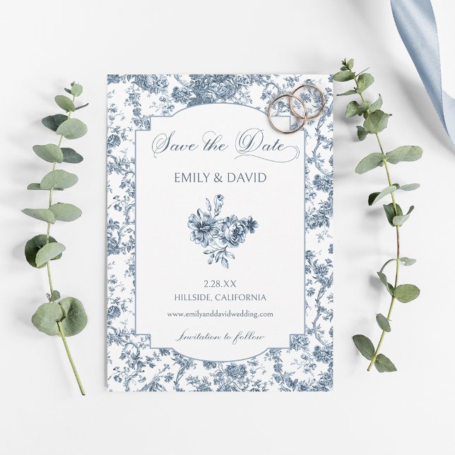Reserva La Fecha Elegante toile floral azul francés grabado (Subido por el creador)