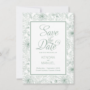 Reserva La Fecha Elegante Toile Floral Verde Menta para Boda