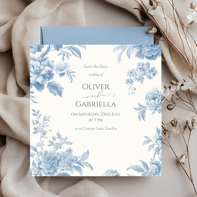 Reserva La Fecha Elegante toile francesa de boda floral azul (Subido por el creador)