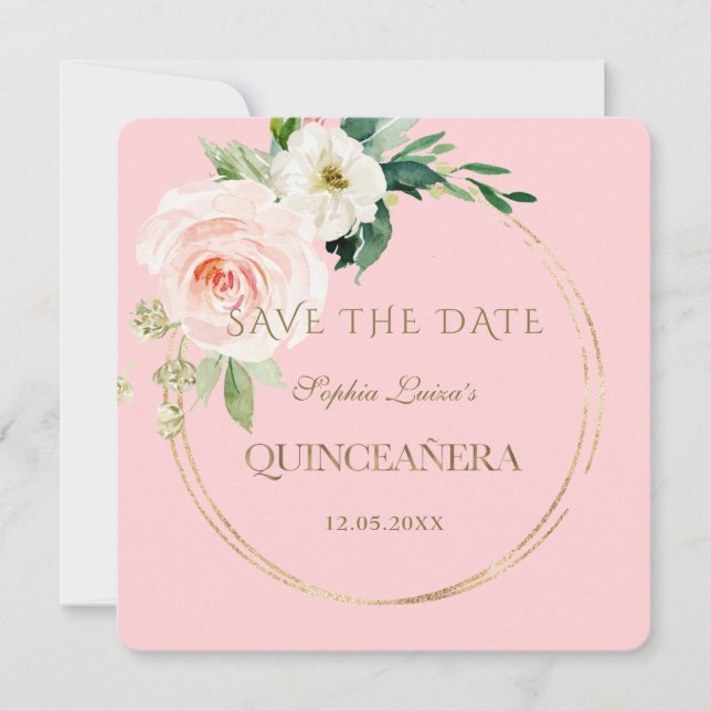 Reserva La Fecha Elegante Único Rubor Cream Floral Gold Quinceañera (Anverso)