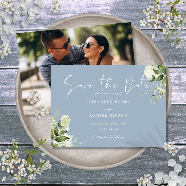 Reserva La Fecha Elegante verde azul turbio Boda de fotografía flor (Dusty Blue Elegant Greenery Floral Photo Wedding Save The Date)