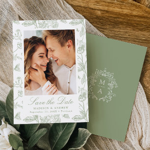 Reserva La Fecha Elegante Verde Chinoiserie Floral Foto Boda