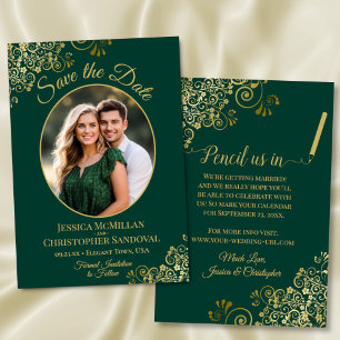 Reserva La Fecha Elegante Verde Esmeralda & Oro Oval Boda Foto