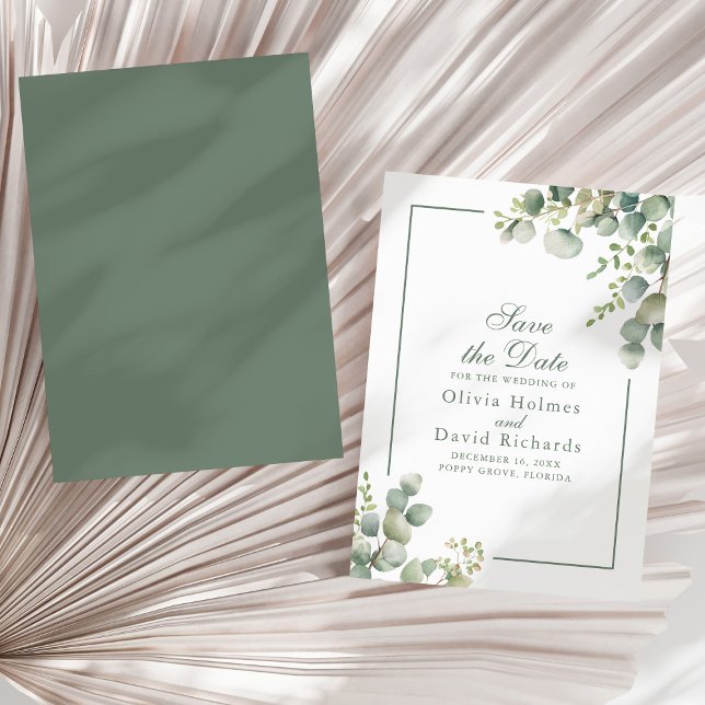 Reserva La Fecha Elegante Verde Eucalipto Botánico Boda (Elegant Greenery Eucalyptus Botanical Wedding Save The Date on a sunny neutral dry palm leaf.)