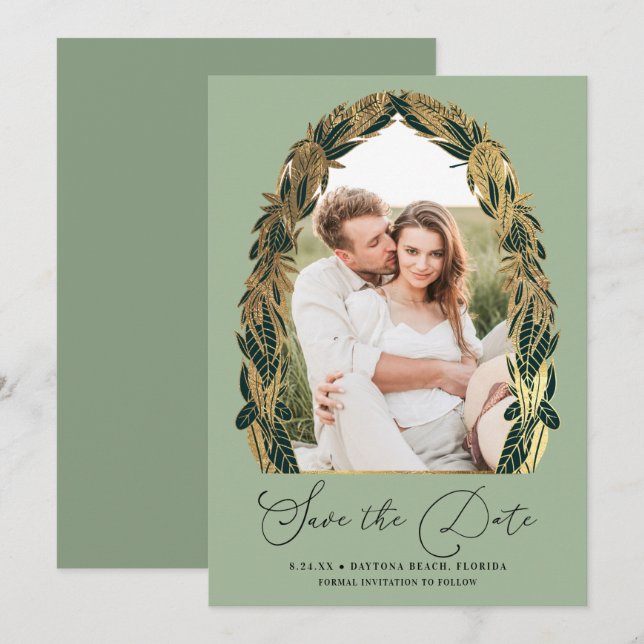 Reserva La Fecha Elegante verde sabio dorado deja Boda (Anverso / Reverso)