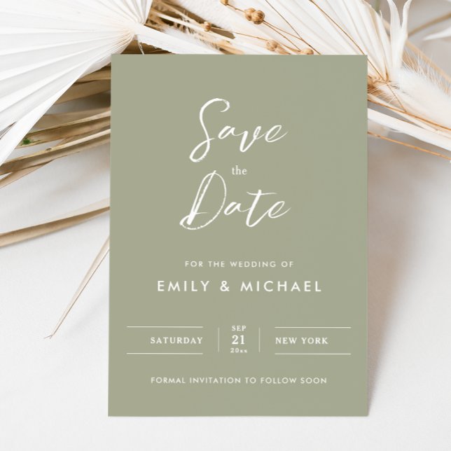 Reserva La Fecha Elegante Verde Salvia Bodas con Letra Sencilla (Simple elegant sage green with white calligraphy - elegant and tasteful for your special day)