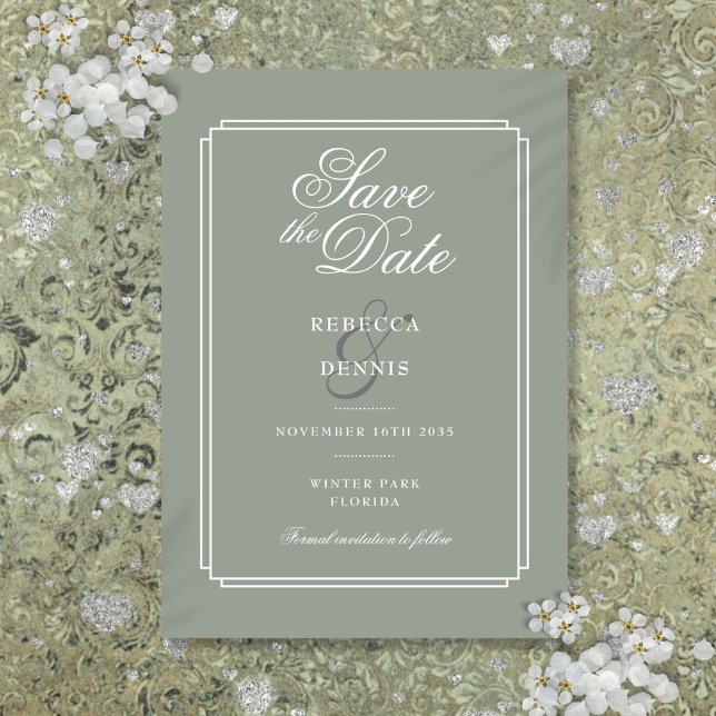 Reserva La Fecha Elegante Verde Salvia Chic Arte Deco Boda Script (Sage Green Chic Elegant Script Art Deco Wedding Save The Date)