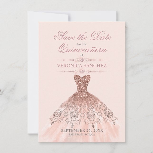 Reserva La Fecha Elegante vestido de rosa rosado de Rubor Quinceañe (Anverso)