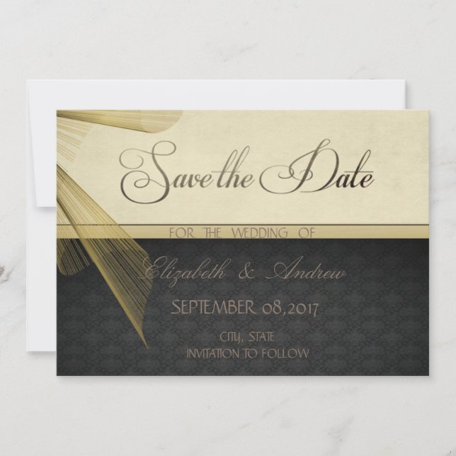 Reserva La Fecha Elegante y elegante matrimonio negro Damask Guarda (Anverso)