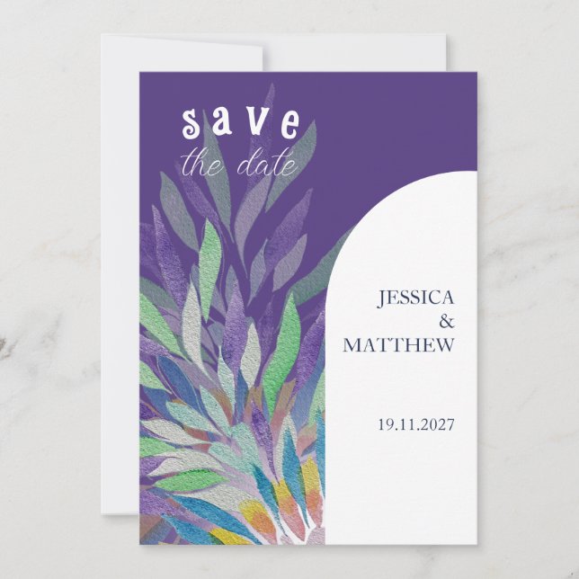 Reserva La Fecha Elegante y hermoso Boda morado floral (Anverso)