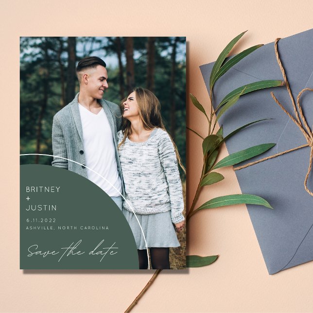 Reserva La Fecha Elegante Y Moderna Boda De Fotografía Verde Salvar (Modern Green Photo Wedding Save The Date)