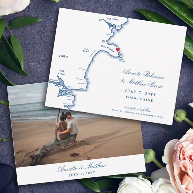 Reserva La Fecha Elegante York Maine Destination Wedding (These elegant York, Maine map save the dates are perfect for your coastal Maine destination wedding)