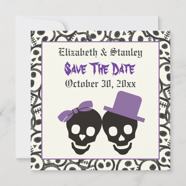 Reserva La Fecha Elegantes cráneos boda de Halloween Salven la fech (Anverso)