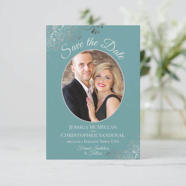 Reserva La Fecha Elegantes curvas plateadas y foto en Boda Verde az (Anverso de pie)