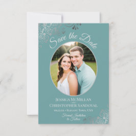 Reserva La Fecha Elegantes curvas plateadas y foto en Boda Verde az