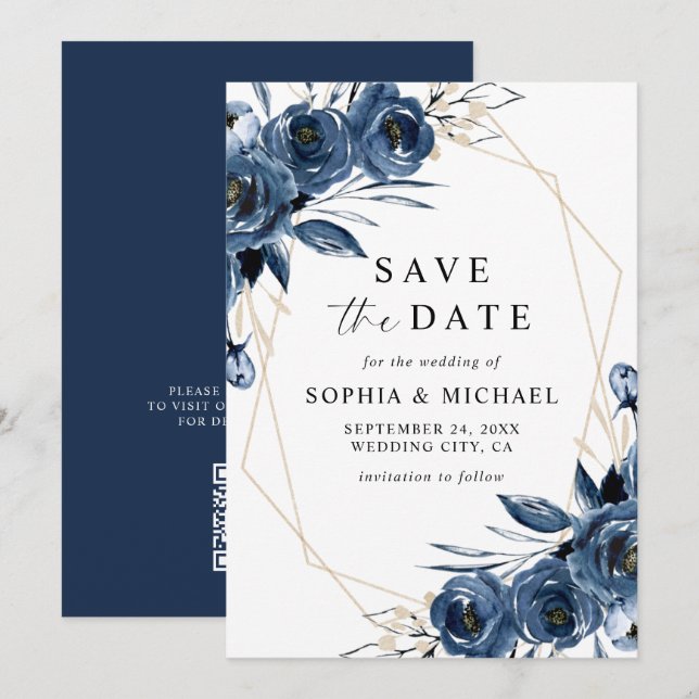 Reserva La Fecha Elegantes flores azules marinos y código QR de bod (Anverso / Reverso)