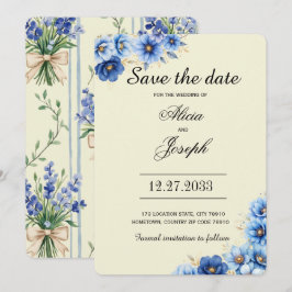 Reserva La Fecha Elegantes flores azules para guardar la fecha