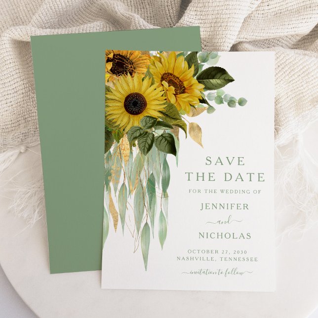 Reserva La Fecha Elegantes girasoles botánicos (Green Sunflower Eucalyptus Wedding Save The Date)