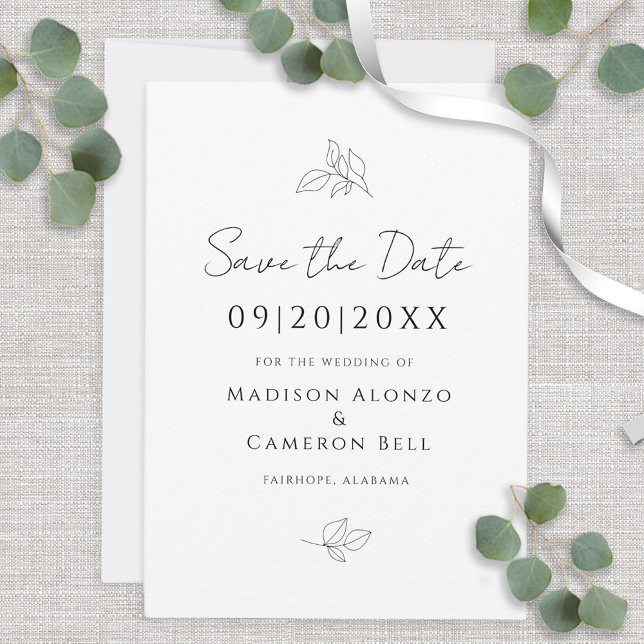 Reserva La Fecha Elegantes hojas botánicas de Boda blanco y negro (Elegant Black & White Wedding Botanical Leaves Save The Date)