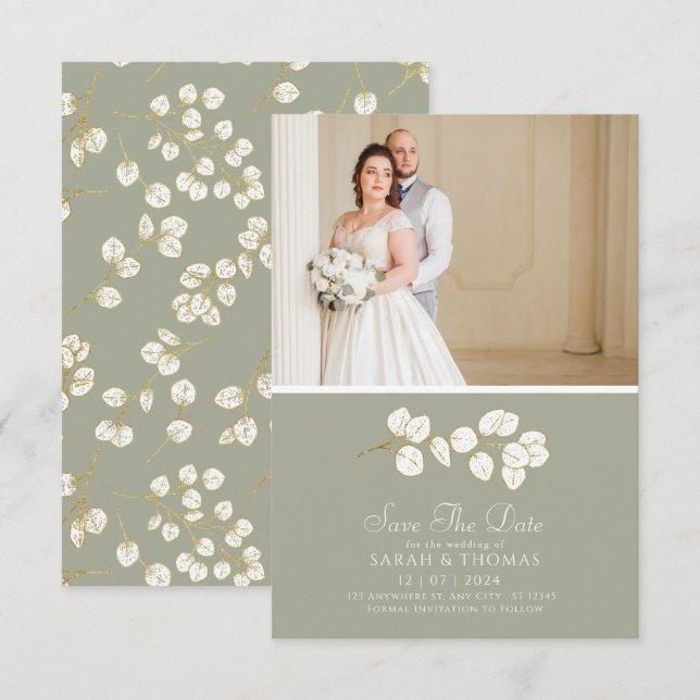 Reserva La Fecha Elegantes hojas de eucalipto Sage Green Gold (Anverso / Reverso)